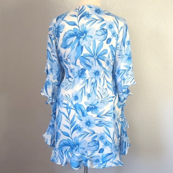 Kori  M/L Swim Cover Up White Blue Florals front Tie Kaftan - Picture 3 of 7